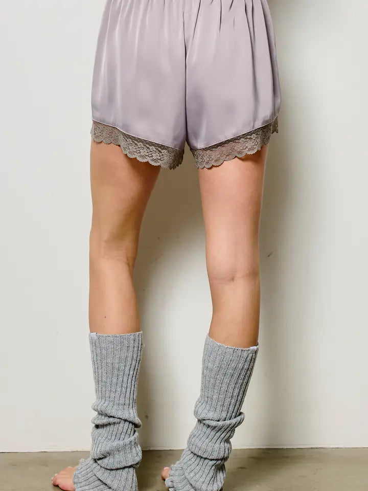 LACE TRIM SILKY SHORTS - SILVER LILAC
