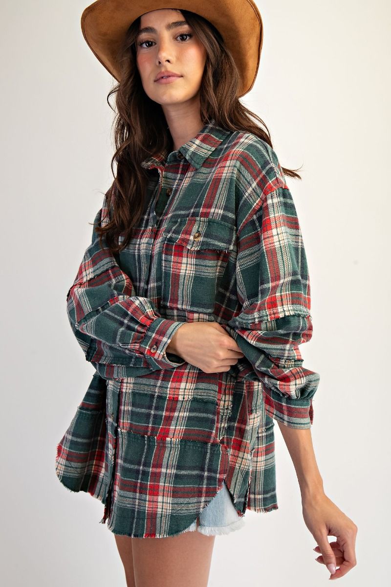 BE MERRY PLAID TOP - GREEN
