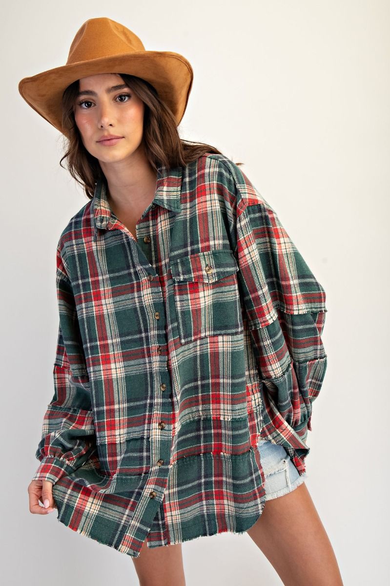 BE MERRY PLAID TOP - GREEN