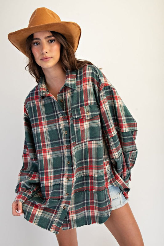 BE MERRY PLAID TOP - GREEN