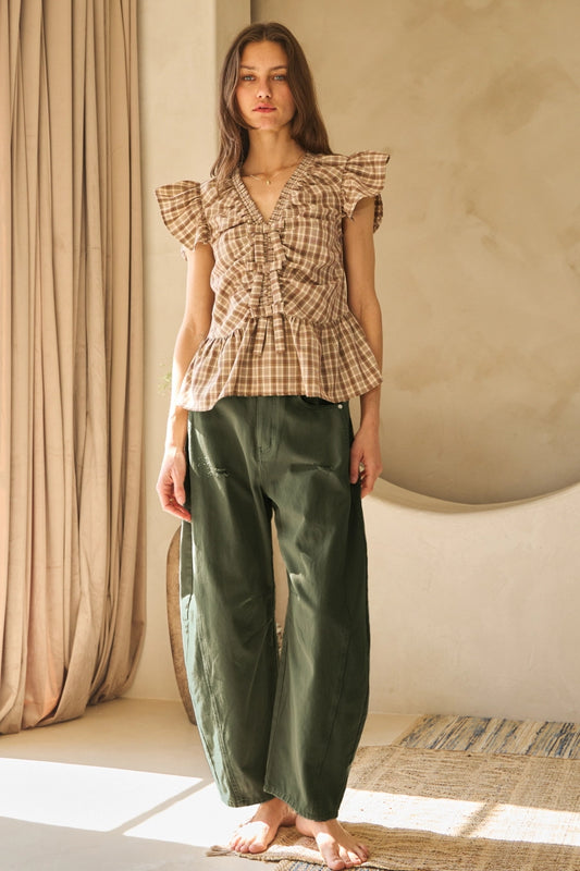 WASHED OLIVE BARREL JEANS