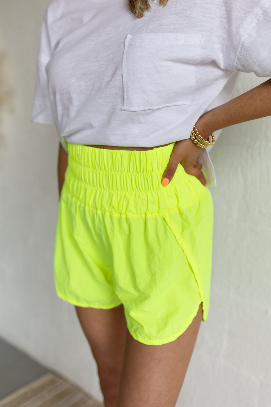 HIGH WAISTED SMOCKED ACTIVE SHORTS, NEON LIME