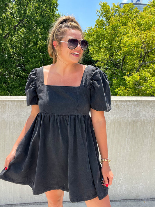 SWEET BLACK DENIM BABYDOLL DRESS